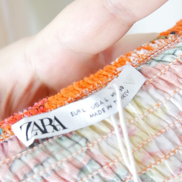 NWT Zara Orange Floral Crop Top Short Bubble Puff Sleeve Large - Picture 9 of 14